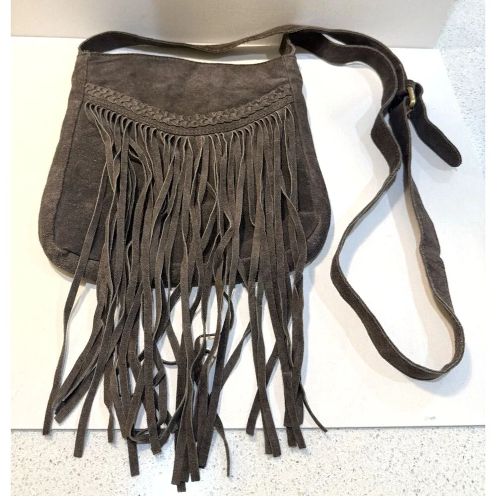Boho Fringe Earthbound Trading Suede Leather Crossbody Brown Bag Purse Western